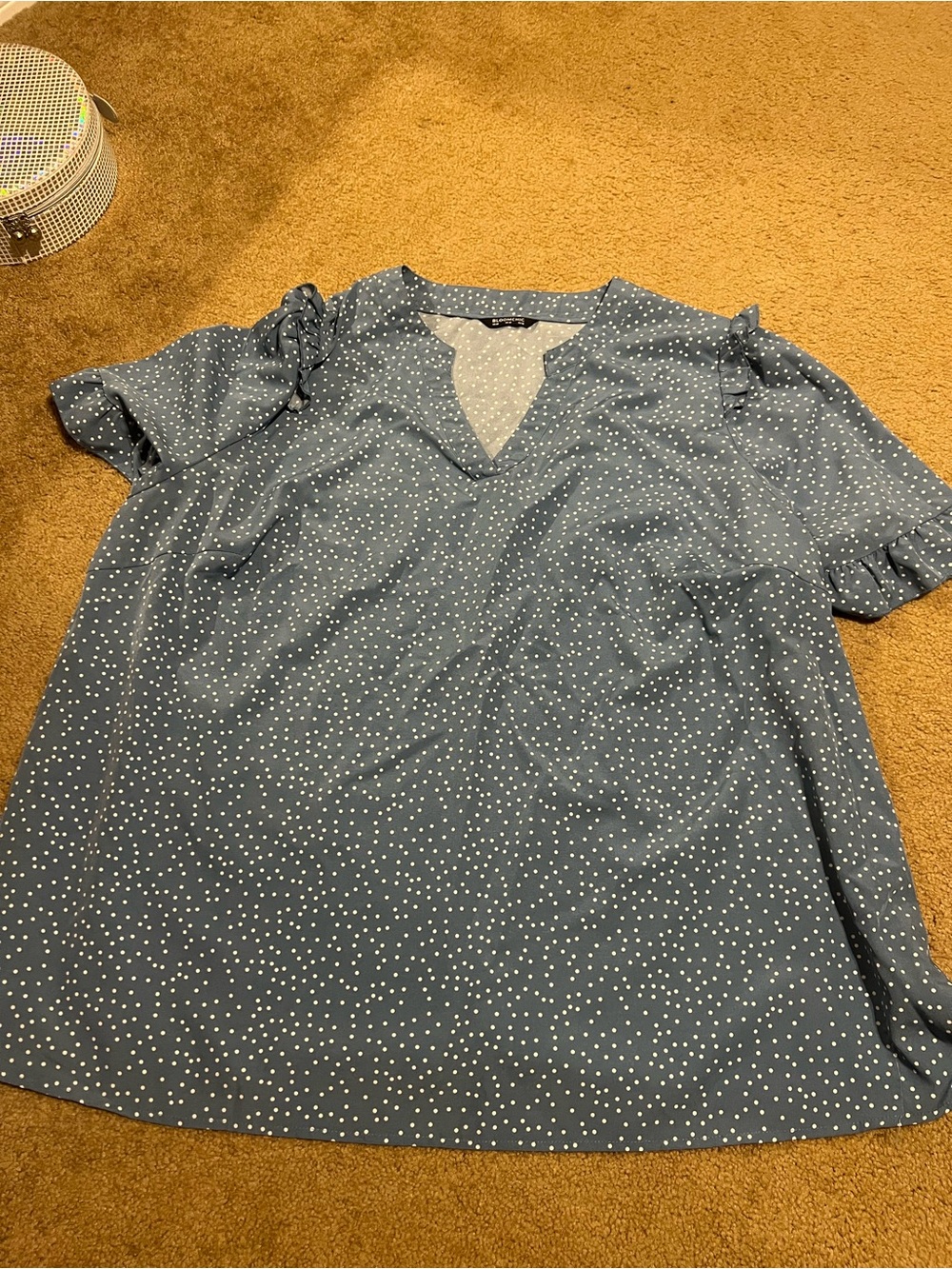 BloomChic Blue Polka Dot V‑Neck Ruffle Sleeve Blouse